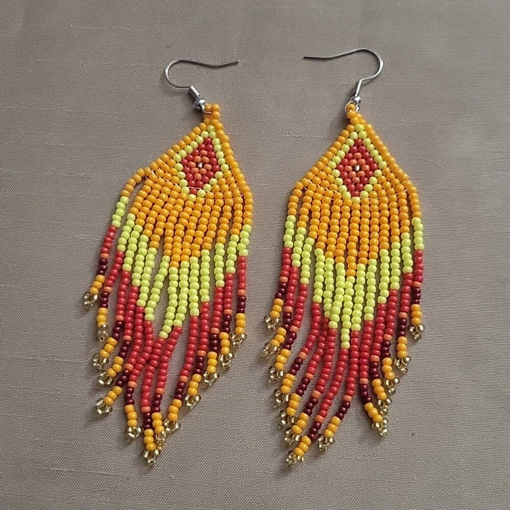 Boho red yellow & orange beaded tassel earrings